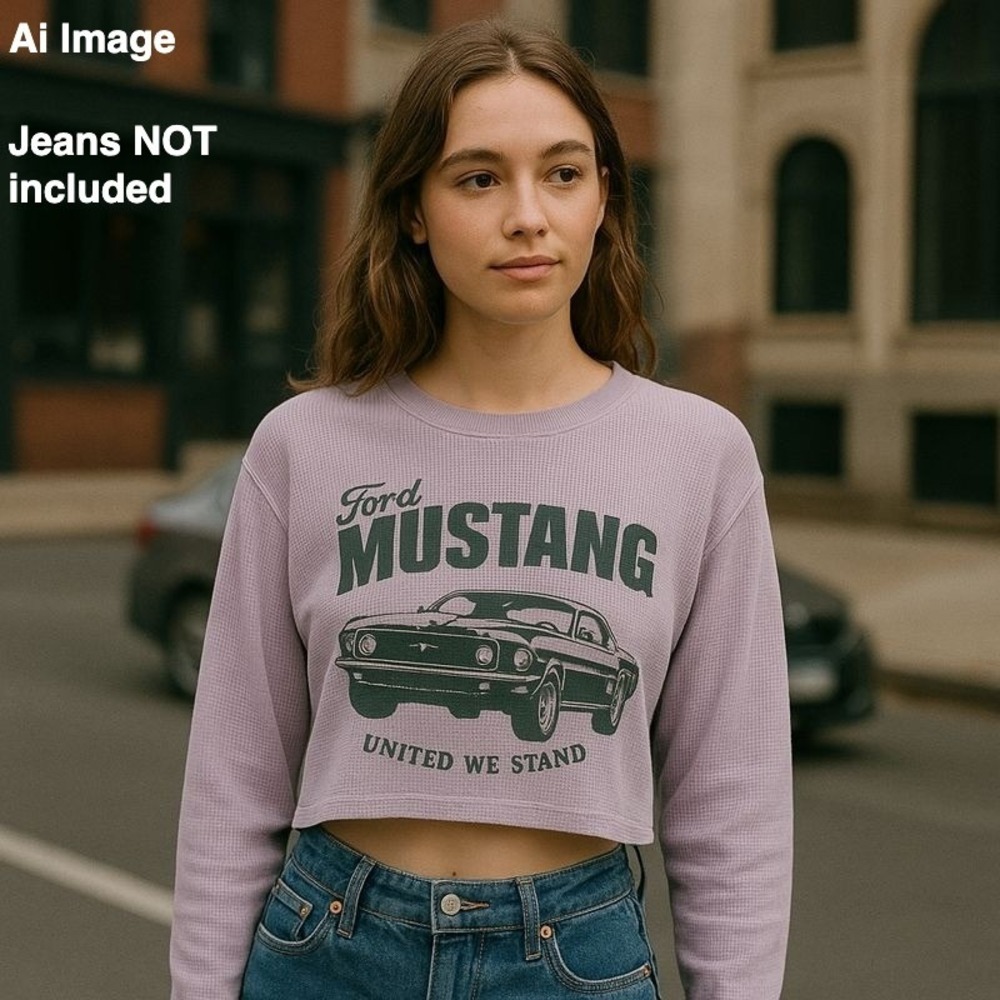 Ford Mustang Crop Long Sleeve Waffle Knit Top Women's L Lavender Graphic Tee